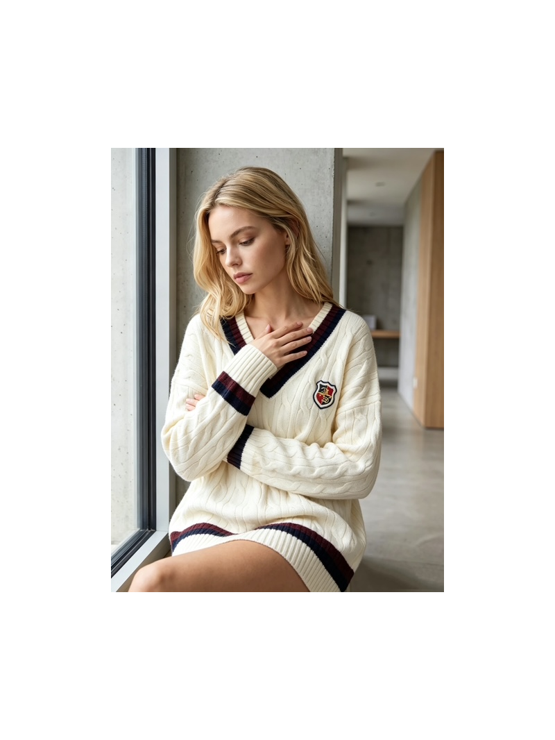 Pull Collège Écru Femme à Torsades Col V | Sud Access