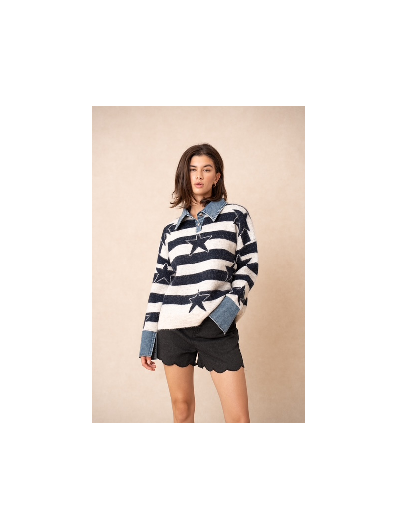 Pull California marine femme – Rayures et étoiles | Sud Access