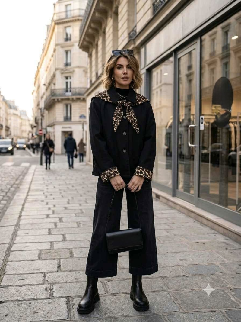 Trench noir femme avec foulard léopard | Sud Access Trench noir femme avec foulard léopard | Sud Access