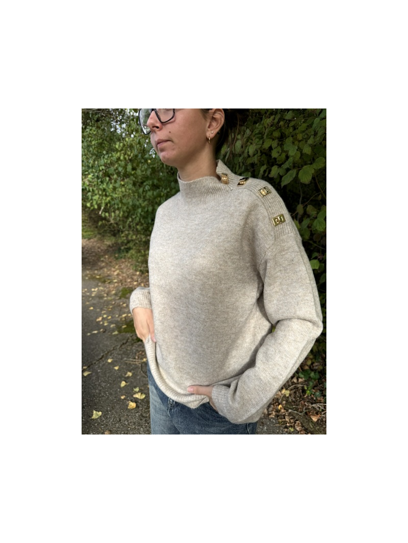 Pull Malone beige femme boutons dorés | Sud Access Pull Malone beige femme boutons dorés | Sud Access