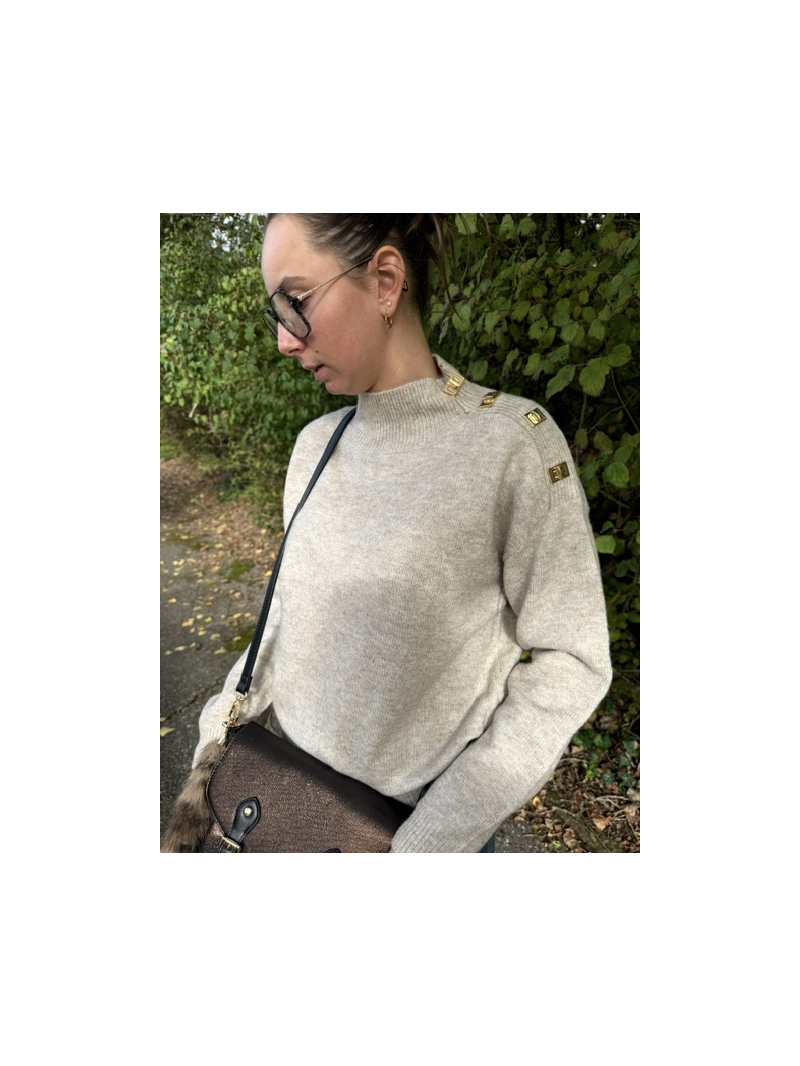 Pull Malone beige femme boutons dorés | Sud Access Pull Malone beige femme boutons dorés | Sud Access