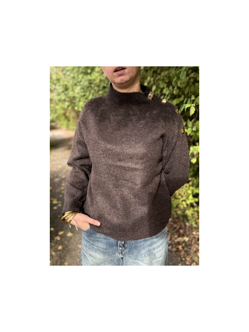 Pull Malone chocolat femme boutons dorés | Sud Access Pull Malone chocolat femme boutons dorés | Sud Access